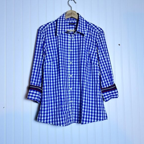 J. McLaughlin Women 12 Check Plaid White Blue Button Down Cotton Casual Shirt - Picture 8 of 8